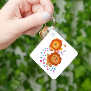 Cute Cartoon Lions In The Garden Keychain