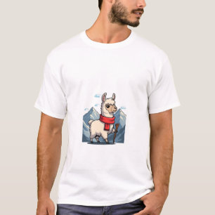 Cute Cartoon Llama Hiker with Red Scarf T-Shirt