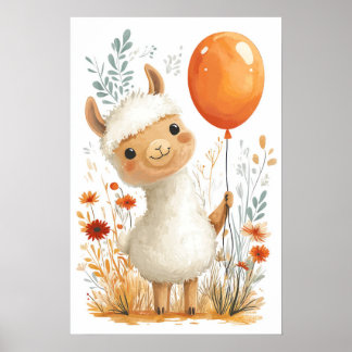 Cute Cartoon Llama Holding Orange Balloon Poster
