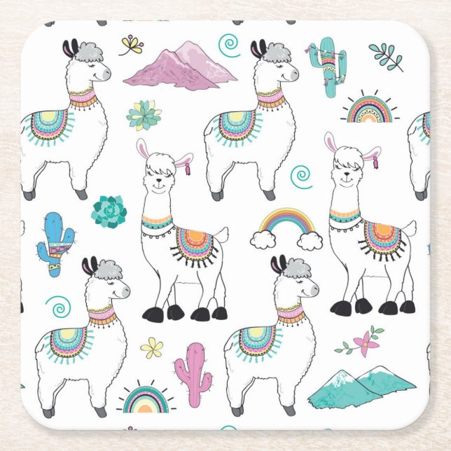 Cute Cartoon Llama Pattern Square Paper Coaster (Front)