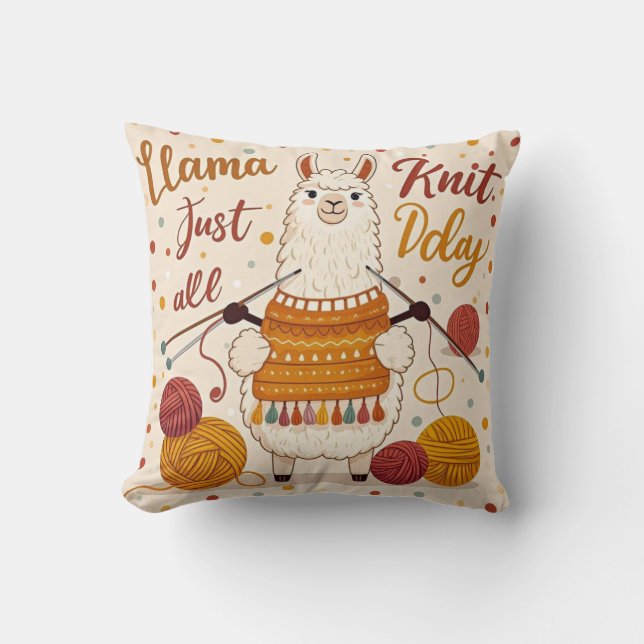 Cute Cartoon llama wearing a knit scarf Cushion (Front)