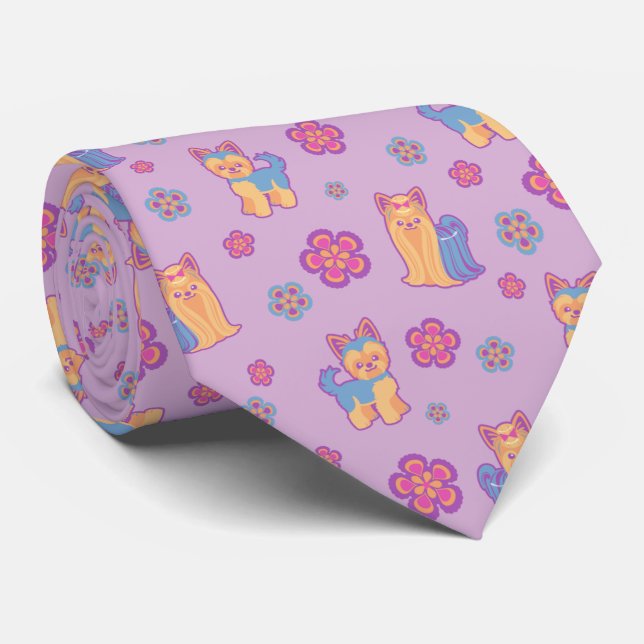 Cute Cartoon Long and Short Hair Yorkie Dog Tie (Rolled)