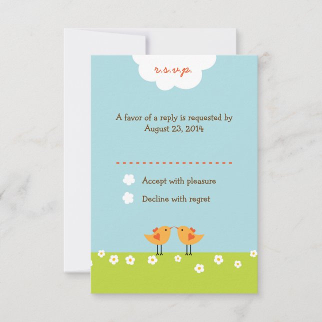 Cute Cartoon Love Birds (Day) Wedding RSVP Card (Front)