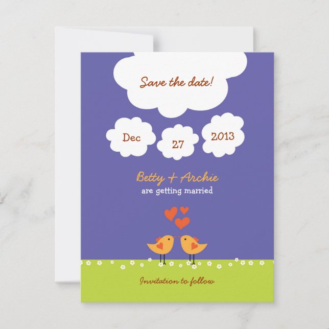 Cute Cartoon Love Birds (Night) Wedding Invitation (Front)