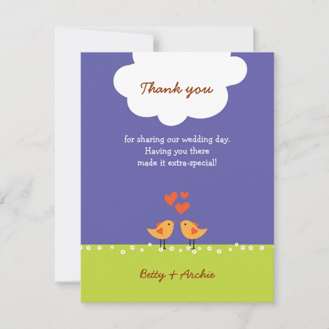 Cute Cartoon Love Birds (Night) Wedding Thank You Card (Front)