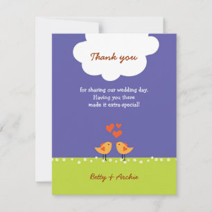 Cute Cartoon Love Birds (Night) Wedding Thank You Card