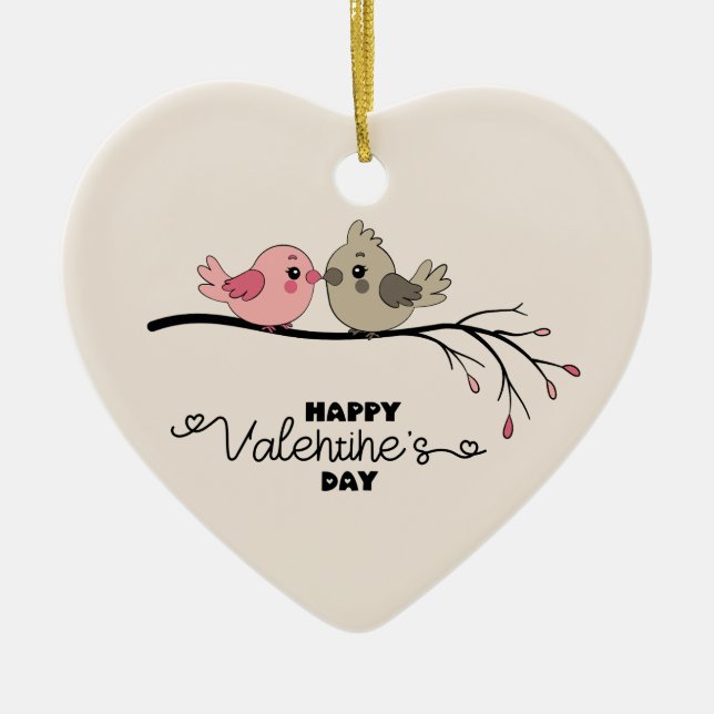 Cute Cartoon Lovebirds on branch Valentine’s Day Ceramic Tree Decoration (Front)