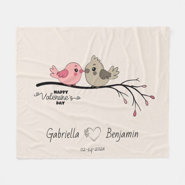 Cute Cartoon Lovebirds on branch Valentine’s Day  Fleece Blanket (Front (Horizontal))