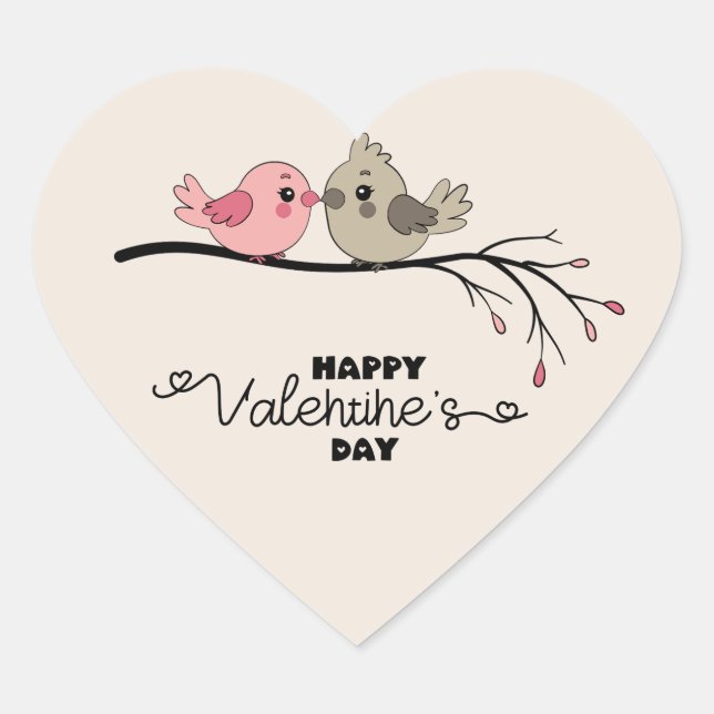 Cute Cartoon Lovebirds on branch Valentine’s Day Heart Sticker (Front)
