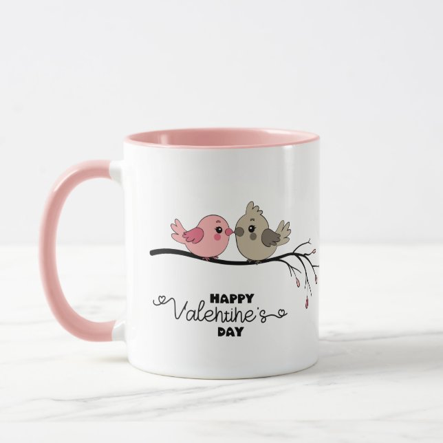 Cute Cartoon Lovebirds on branch Valentine’s Day Mug (Left)
