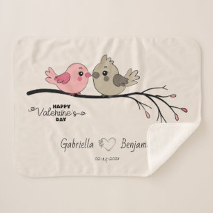 Cute Cartoon Lovebirds on branch Valentine’s Day  Sherpa Blanket