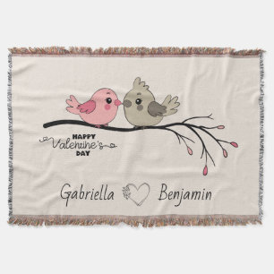 Cute Cartoon Lovebirds on branch Valentine’s Day Throw Blanket