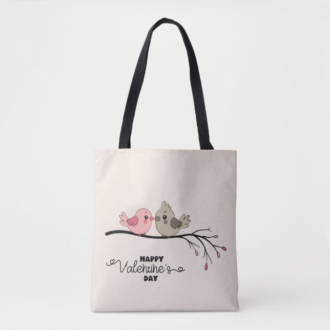 Cute Cartoon Lovebirds on branch Valentine’s Day  Tote Bag (Front)