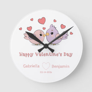 Cute Cartoon Lovebirds Pink Heart Valentine’s Day  Round Clock