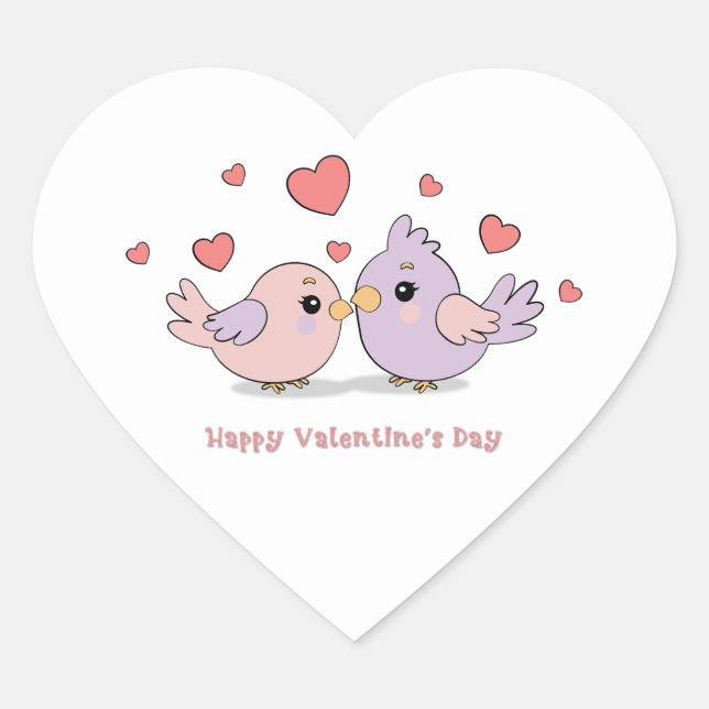 Cute Cartoon Lovebirds Pink Hearts Valentine’s Day Heart Sticker (Front)