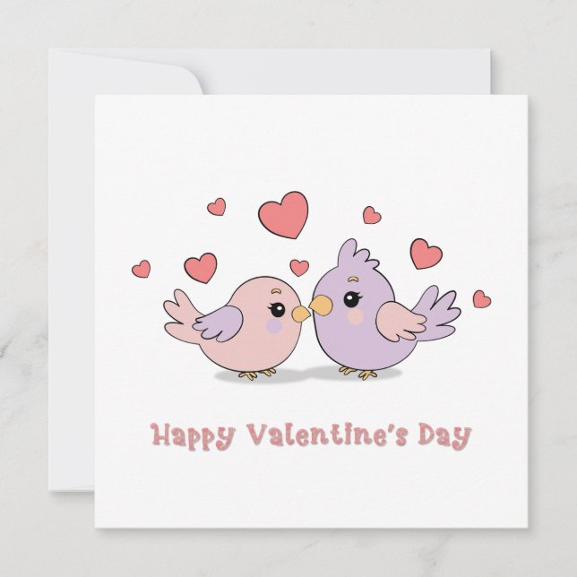 Cute Cartoon Lovebirds pink Hearts Valentine’s Day Holiday Card (Front)