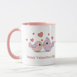 Cute Cartoon Lovebirds Pink Hearts Valentine’s Day Mug