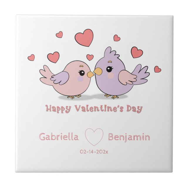 Cute Cartoon Lovebirds Pink Hearts Valentine’s Day Tile (Front)