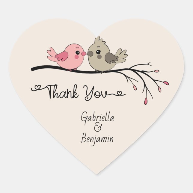 Cute Cartoon Lovebirds  Valentine’s Day Thank You Heart Sticker (Front)