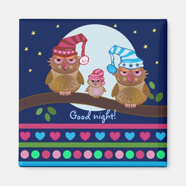 Cute cartoon magnet with sleepy Owl family (Front)