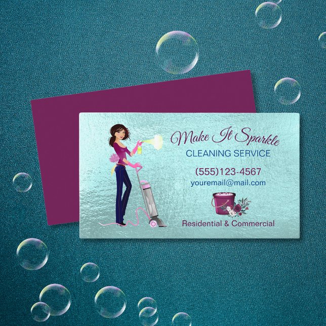 Cute Cartoon Maid Cleaning Service Teal  Business Card (Creator Uploaded)