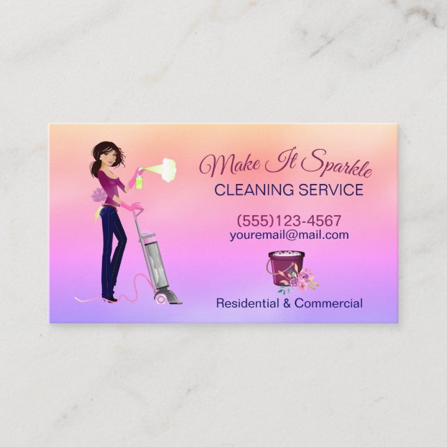 Cute Cartoon Maid Cleaning Services Gradient Business Card (Front)