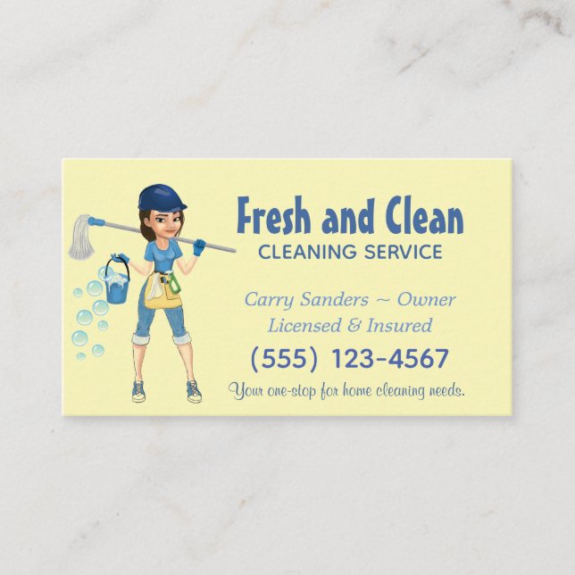 Cute Cartoon Maid House Cleaning Service Business Card (Front)