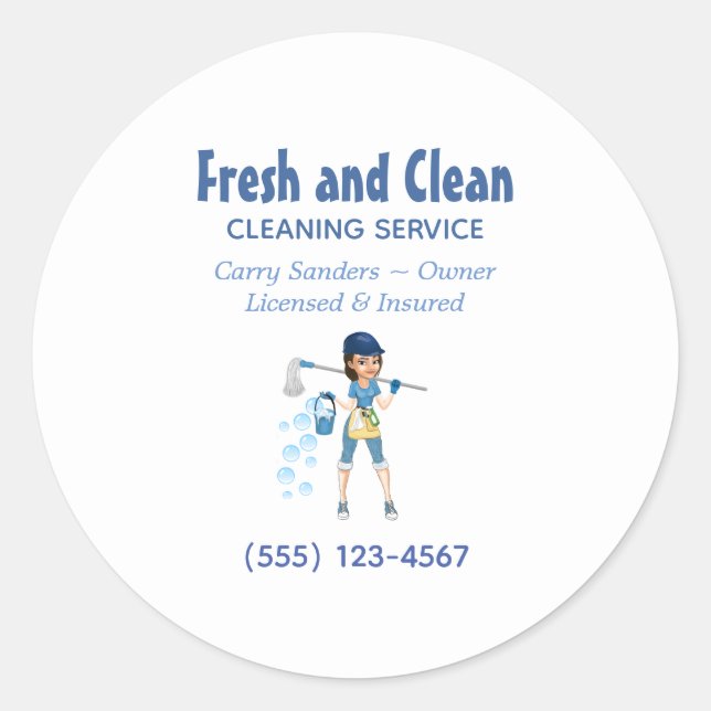 Cute Cartoon Maid House Cleaning Service Classic Classic Round Sticker (Front)