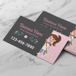 Cute Cartoon Maid House Cleaning Service Pink Business Card