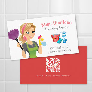 Cute Cartoon Maid House Cleaning Service QR Code Business Card