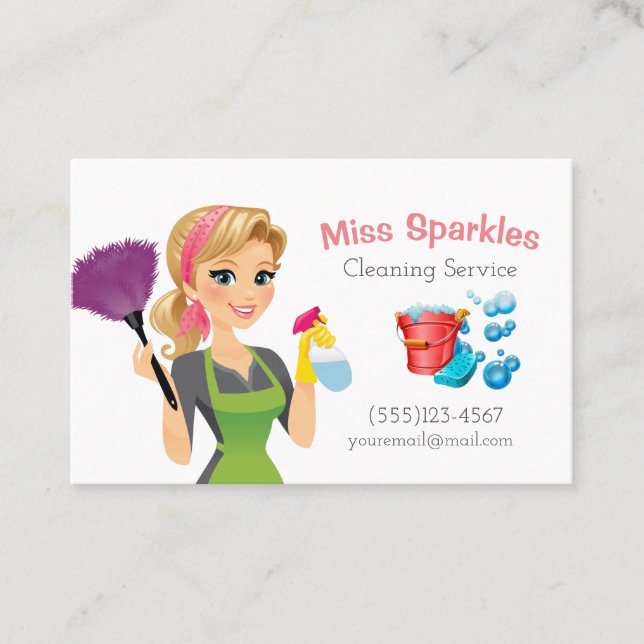 Cute Cartoon Maid House Cleaning Services Business Card (Front)