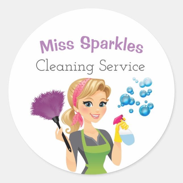 Cute Cartoon Maid House Cleaning Services Business Classic Round Sticker (Front)