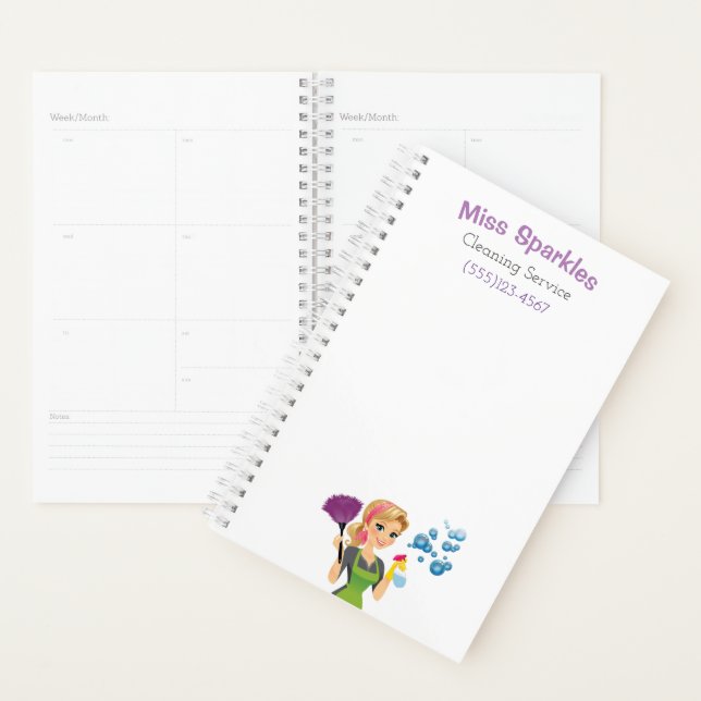 Cute Cartoon Maid House Cleaning Services Business Planner (Display)