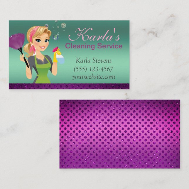 Cute Cartoon Maid Sparkle House Cleaning Services Business Card (Front/Back)
