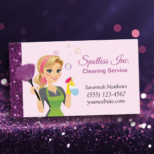 Cute Cartoon Maid Sparkle House Cleaning Services Business Card