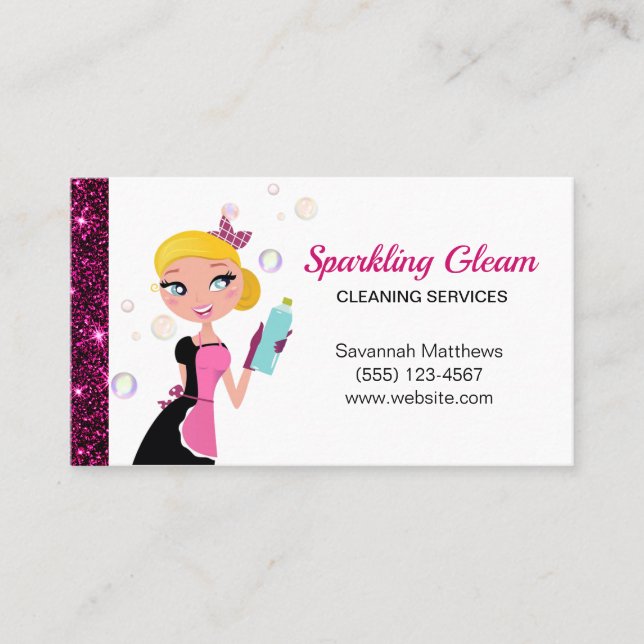Cute Cartoon Maid Sparkle House Cleaning Services  Business Card (Front)