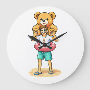 Cute Cartoon Man with Giant Teddy Bear Summer Fun Large Clock