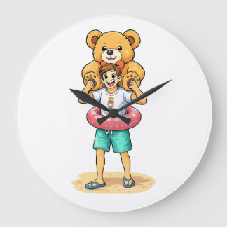 Cute Cartoon Man with Giant Teddy Bear Summer Fun Large Clock