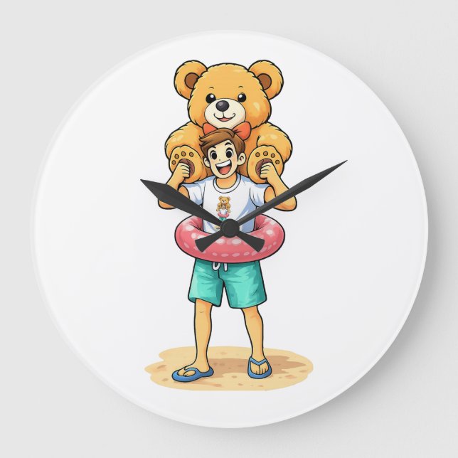 Cute Cartoon Man with Giant Teddy Bear Summer Fun Large Clock (Front)