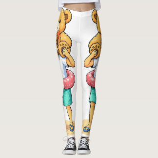 Cute Cartoon Man with Giant Teddy Bear Summer Fun Leggings