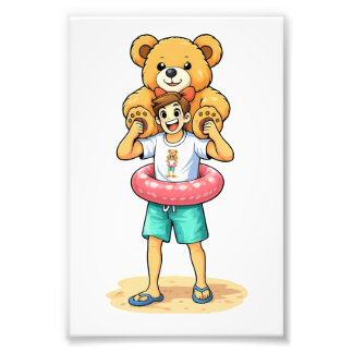 Cute Cartoon Man with Giant Teddy Bear Summer Fun Photo Print