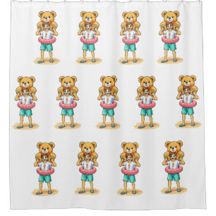 Cute Cartoon Man with Giant Teddy Bear Summer Fun Shower Curtain