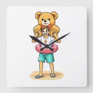 Cute Cartoon Man with Giant Teddy Bear Summer Fun Square Wall Clock