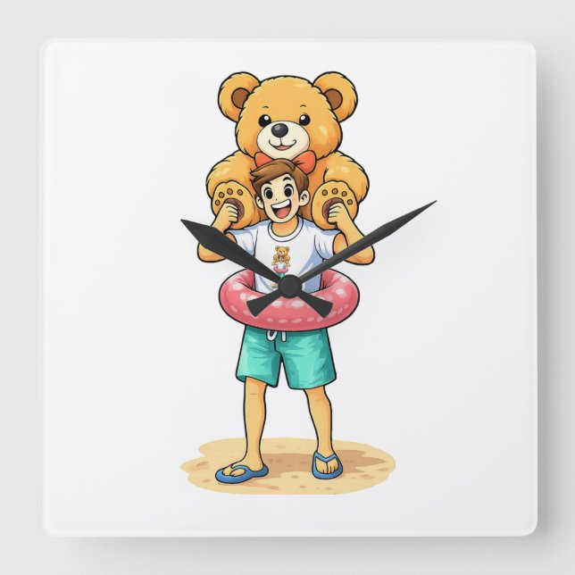 Cute Cartoon Man with Giant Teddy Bear Summer Fun Square Wall Clock (Front)