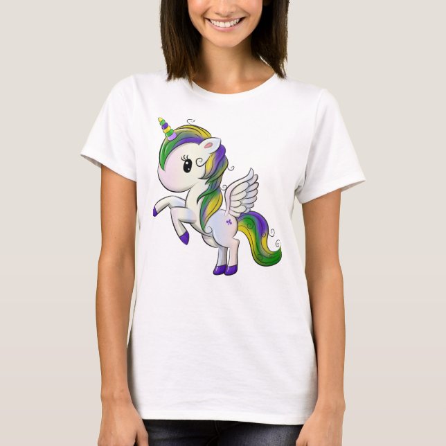 Cute Cartoon Mardi Gras Unicorn Pegasus T-Shirt (Front)