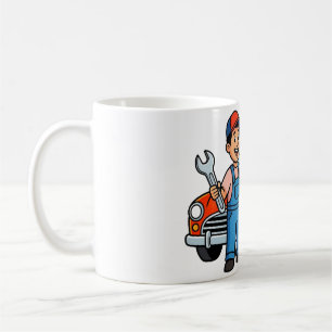 Cute Cartoon Mechanic with Red Car Illustration Coffee Mug