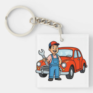 Cute Cartoon Mechanic with Red Car Illustration Key Ring