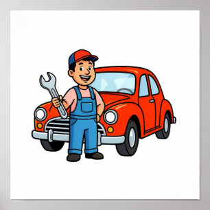 Cute Cartoon Mechanic with Red Car Illustration Poster
