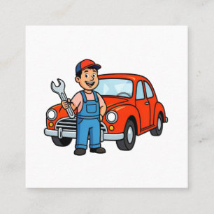 Cute Cartoon Mechanic with Red Car Illustration Square Business Card