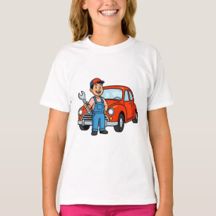 Cute Cartoon Mechanic with Red Car Illustration T-Shirt